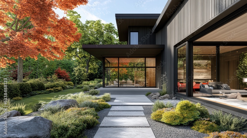 Obraz premium A striking modern box home with dark wood cladding, large reflective windows, and a simple garden pathway.