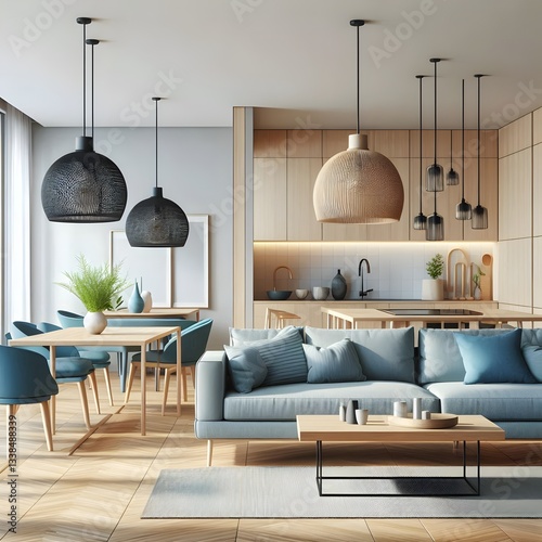 Navy blue sofa in studio apartment. Scandinavian home interior design of modern living room and kitchen
