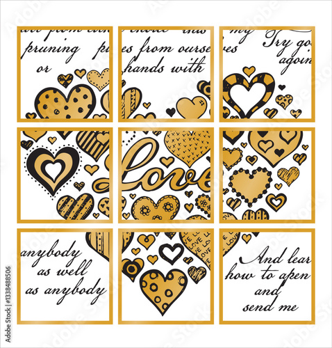 grafica vettoriale con cuore e scritte con all'interno di quadrati con effetti dorati pronta per la stampa su t-shirts