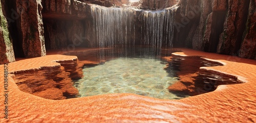 Transparent spring water cascading into a pool surrounded by red sand