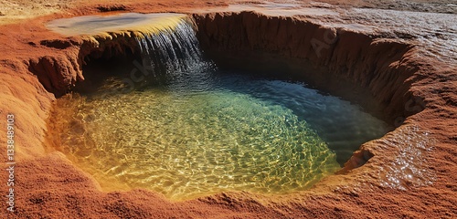 Transparent spring water cascading into a pool surrounded by red sand