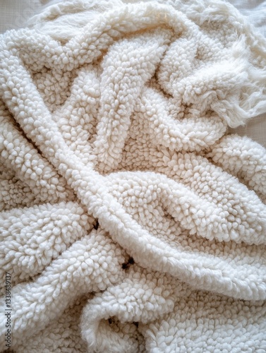 Cozy Ivory Sherpa Blanket Texture Close Up Capturing Softness Warmth and Comfort in a Natural Light Setting for Relaxation