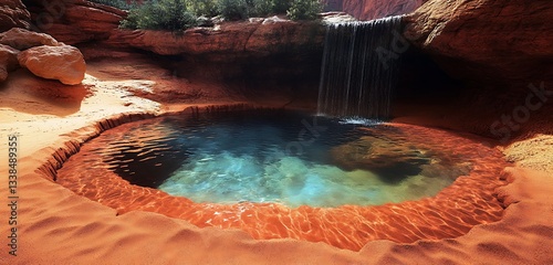 Transparent spring water cascading into a pool surrounded by red sand