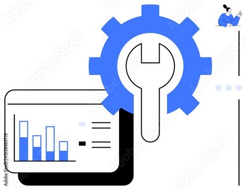 Graph bar chart beside large gear and wrench icon representing analytics, configuration, and solutions. Ideal for technology, business planning, optimization, problem-solving, software tools, data