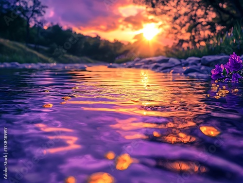 Vibrant spring water reflecting a serene purple and gold sunset