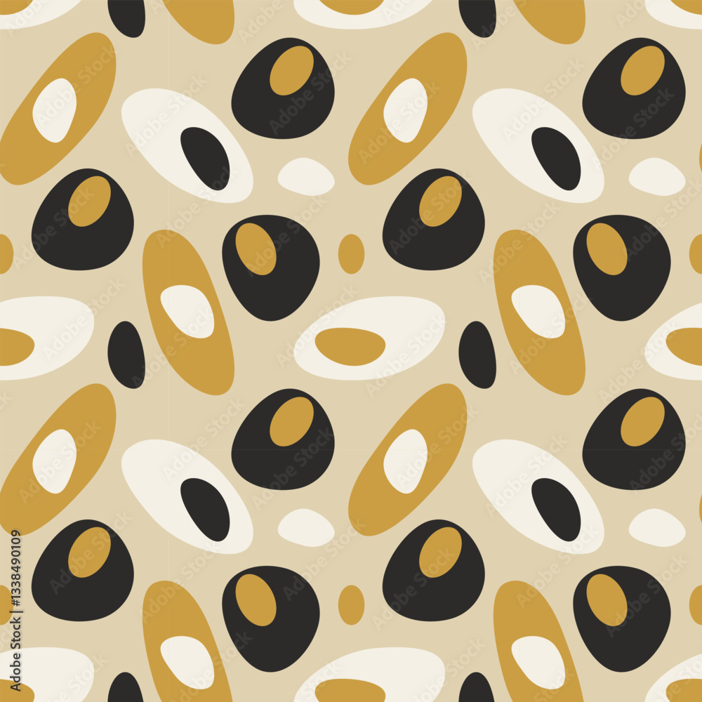 Abstract pattern with smooth stones or pebbles, gold and black. Vector illustration