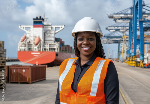 A worker smiles while wearing a hard hat and safety vest at a busy shipping port filled with containers and large vessels in the background