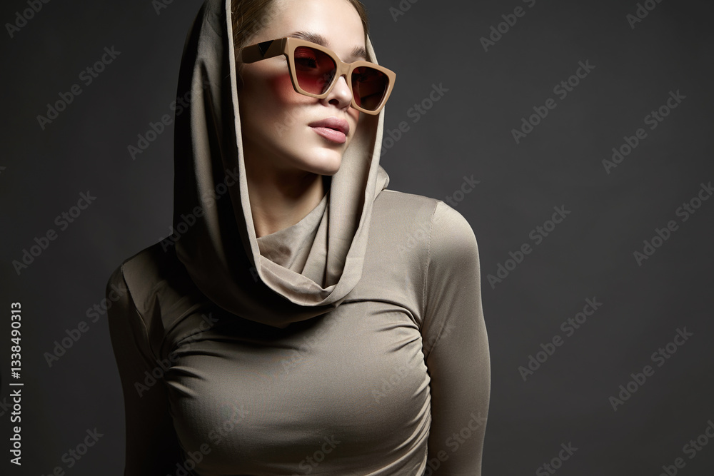 Beautiful young woman in sunglasses and hood. beauty girl in trend glasses