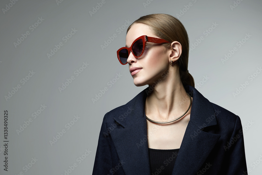 Beautiful young woman in sunglasses. blond girl in red glasses