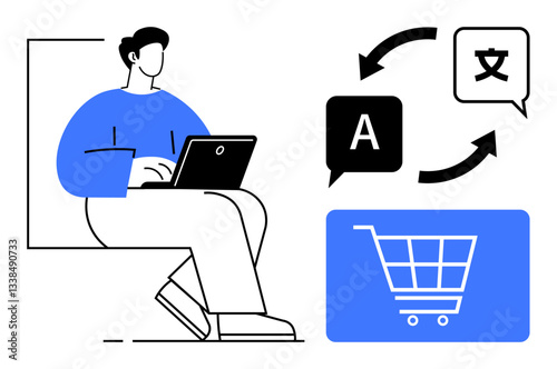 User sitting with laptop, surrounded by language translation arrows and shopping cart symbol. Ideal for e-commerce, global trade, translation services, digital marketing, multilingual support