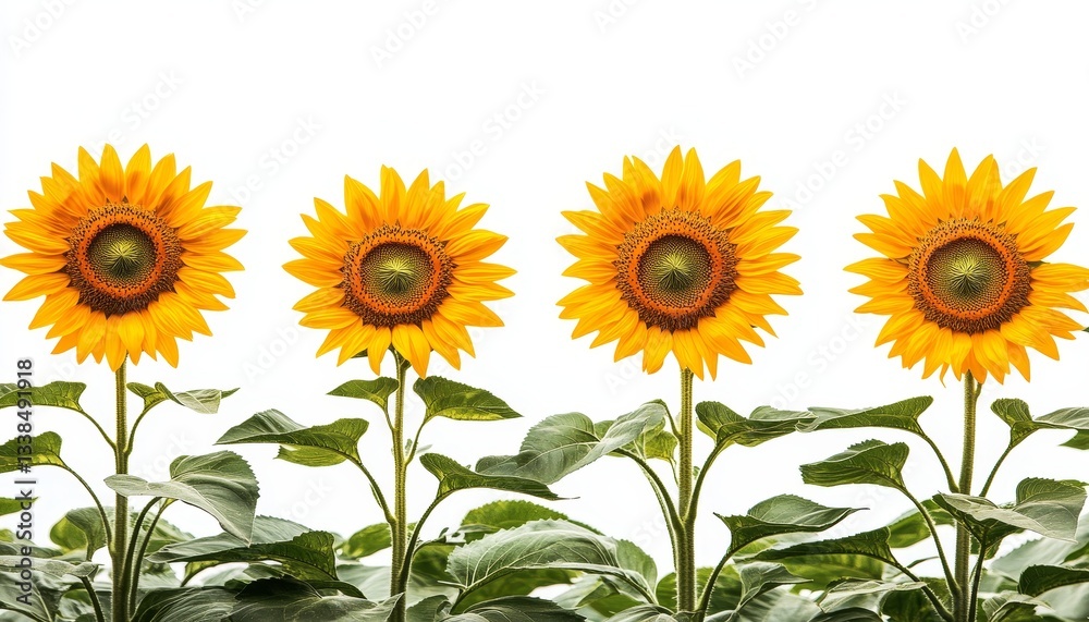 Fototapeta premium Four Vibrant Yellow Sunflowers in a Row, Isolated on a White Background with Ample Copy Space