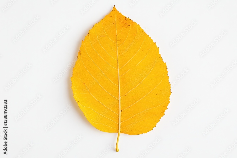 Bright yellow leaf on clean white background, emphasizing natura Bright yellow leaf on clean white background, emphasizing natura