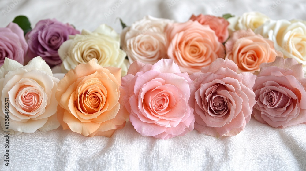 A collection of colorful roses arranged on a white surface A collection of colorful roses arranged on a white surface