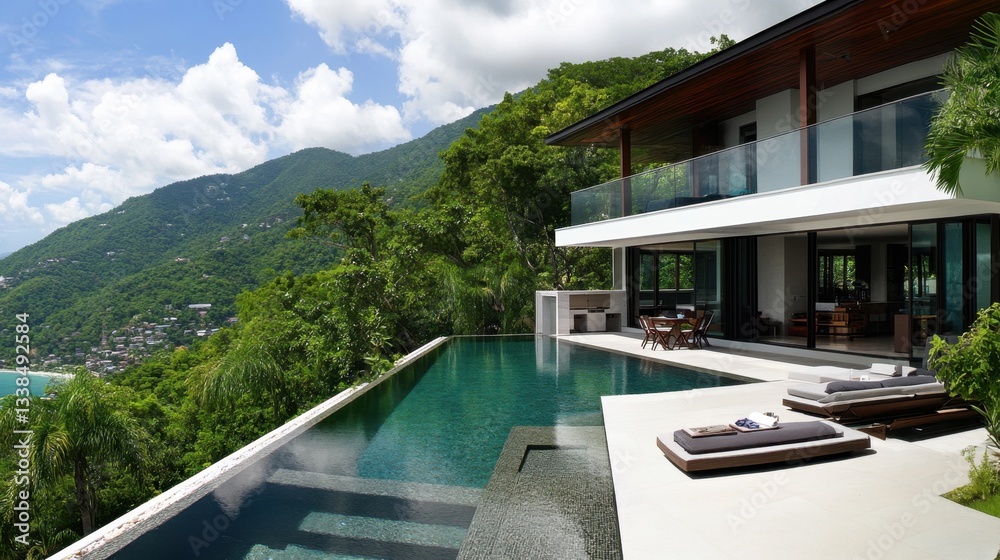 Fototapeta premium A stylish modern two-story villa with a private infinity pool, lush landscaping, and a sleek glass balcony.