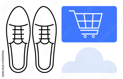 Minimalist shoes paired with a digital shopping cart and cloud element, symbolizing online shopping, e-commerce, product selection, convenience, footwear industry, technology, and innovation. Flat