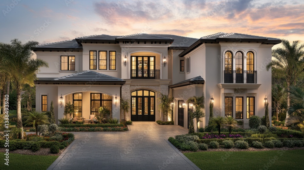 Fototapeta premium A stylish two-story modern home at twilight, with warm interior lighting and a sophisticated driveway.