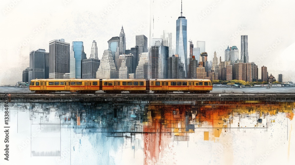Fototapeta premium Watercolor style rendering of a train passing through New York