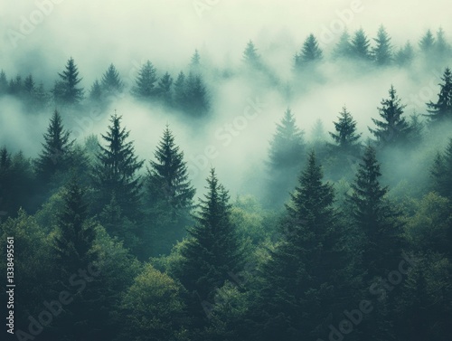 Ethereal forest landscape with dense fog rolling through the evergreen trees creating a mystical atmosphere from a high angle