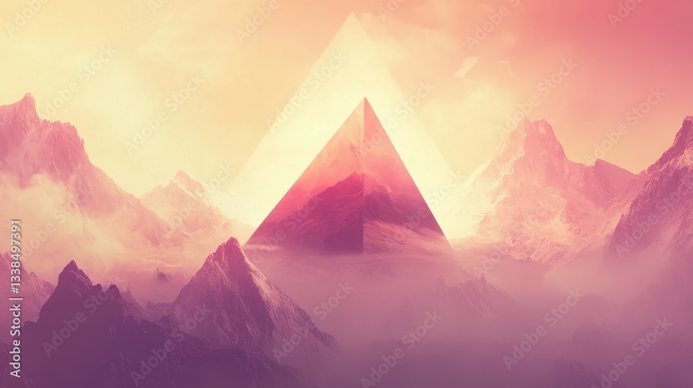 Fototapeta premium Mystic Mountain Peaks: A Surreal Sunrise Landscape with Geometric Pyramid
