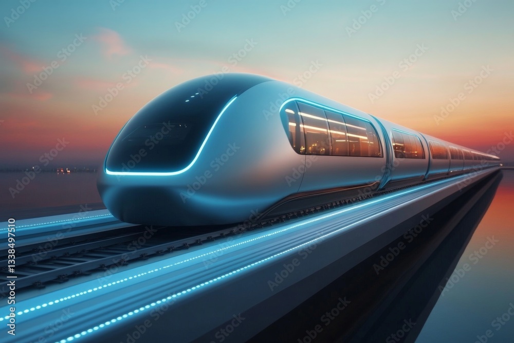 Obraz premium Futuristic high-speed train gliding along a sleek track during a vibrant sunset by the waterfront
