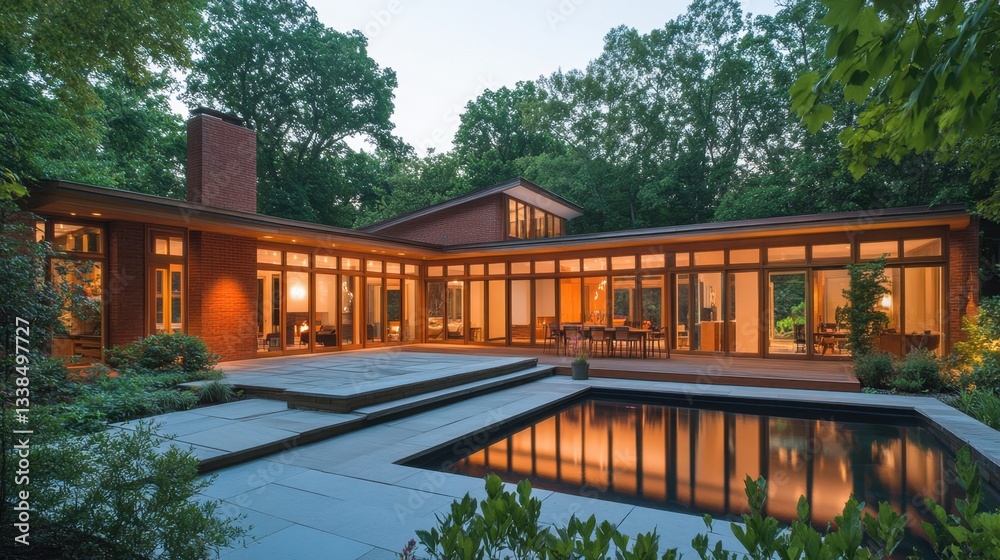 A warm and inviting single-story house with large windows, natural wood finishes, and ambient outdoor lighting. A warm and inviting single-story house with large windows, natural wood finishes, and ambient outdoor lighting.