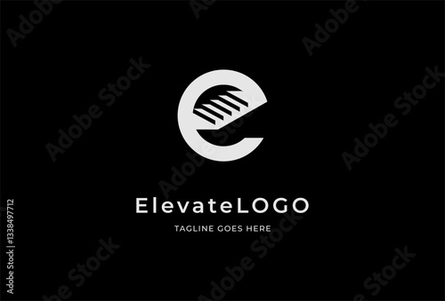 Initial E Elevate Logo design, Modern Letter E with stair negative space inside, vector Illustration