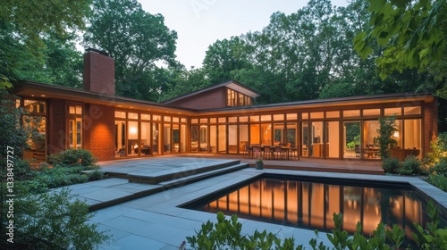 A warm and inviting single-story house with large windows, natural wood finishes, and ambient outdoor lighting.