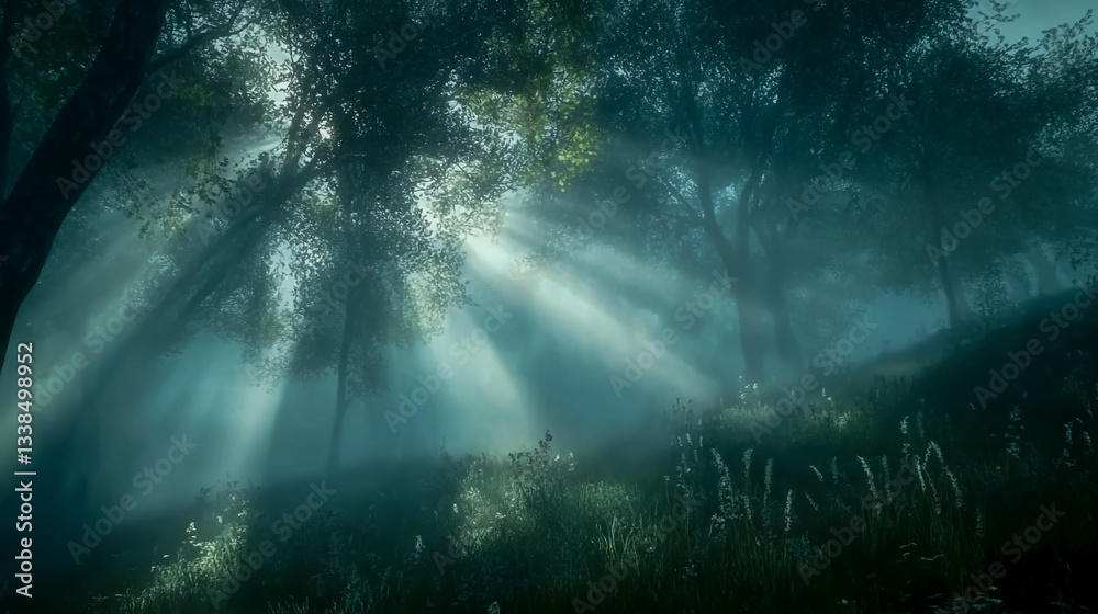 Sunlight streaming through trees in misty forest landscape nature background wallpaper photography Sunlight streaming through trees in misty forest landscape nature background wallpaper photography