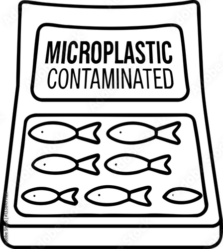A graphic showing a package labeled "Microplastic Contaminated," featuring several fish illustrations, highlighting an environmental concern.