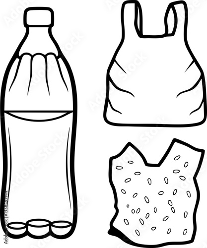 A simple illustration featuring a plastic bottle, a tank top, and a patterned fabric piece, highlighting everyday items often associated with casual lifestyles.
