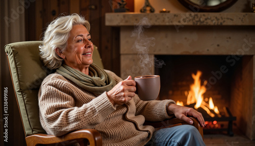 Smiling woman enjoying coffee by the fireplace at home
