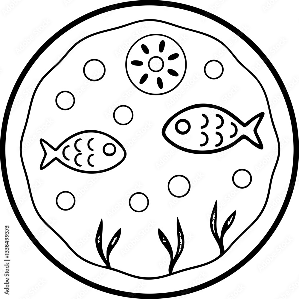 A simple black-and-white illustration of two fish swimming amidst bubbles and aquatic plants in a circular design. A simple black-and-white illustration of two fish swimming amidst bubbles and aquatic plants in a circular design.