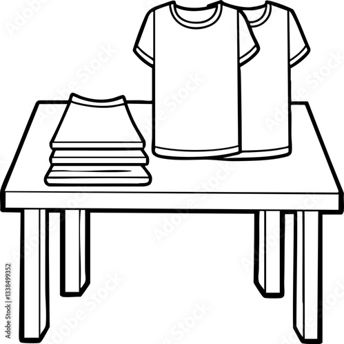 A simple illustration of a table displaying neatly folded shirts and two hanging shirts on top.