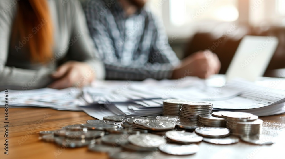 Couple discusses family budget and financial future with coins and paperwork on the table Couple discusses family budget and financial future with coins and paperwork on the table