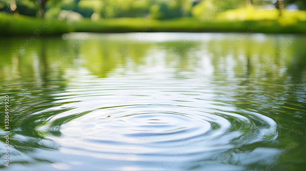 Close-up of concentric ripples on a calm pond surface, reflecting green trees and lush vegetation in a tranquil outdoor setting. Close-up of concentric ripples on a calm pond surface, reflecting green trees and lush vegetation in a tranquil outdoor setting.