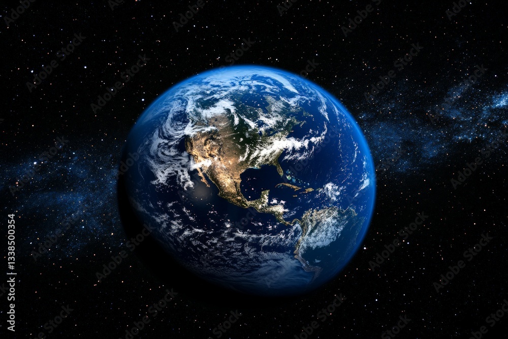 Fototapeta premium Globe Showing North America Surrounded by Space and Stars in Dark Background