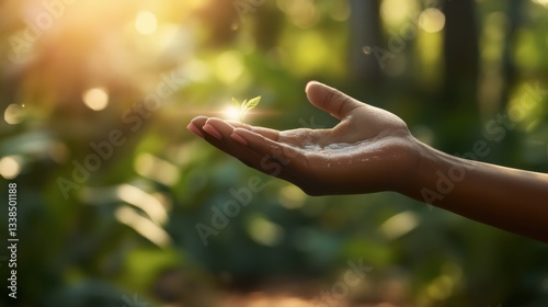 A serene image of a hand gently nurturing a green leaf, symbolizing care for nature, growth, and life, conveying a profound connection to the environment in a peaceful setting.