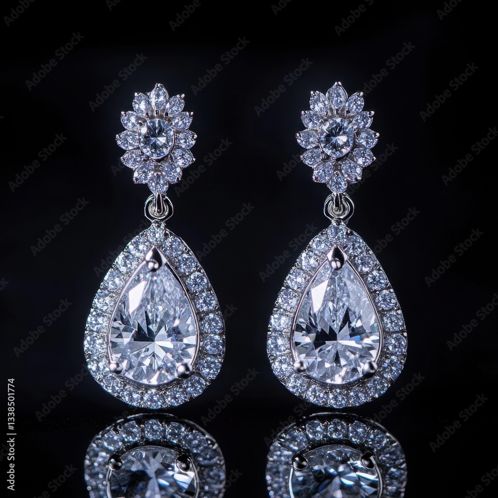 Elegant diamond earrings shimmering on black reflective surface showcasing luxury and sophisticated jewelry design with a dark background Elegant diamond earrings shimmering on black reflective surface showcasing luxury and sophisticated jewelry design with a dark background