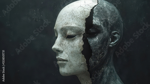 Human figure with cracked mask symbolizes the duality of emotions in bipolar disorder through surreal psychological expression