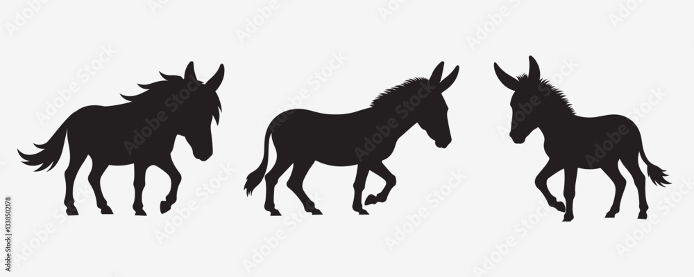 Obraz premium Vector illustration of three donkey silhouettes in different walking poses on a white background. Simple and minimalistic design, ideal for logos, icons, or decorative elements