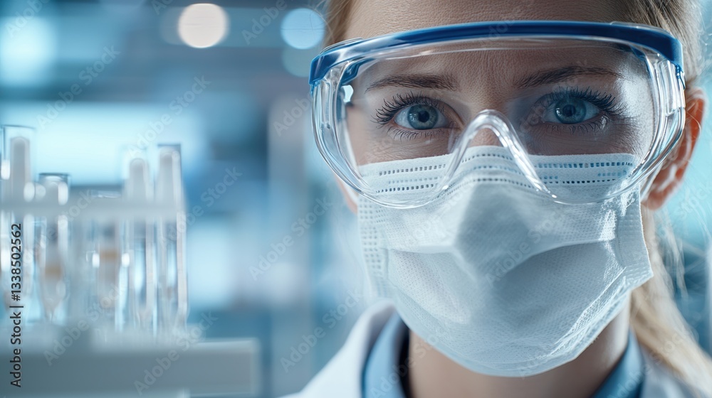 A focused female scientist in protective eyewear and mask, gazes intently at test tubes, highlighting dedication to research and safety in a laboratory setting. A focused female scientist in protective eyewear and mask, gazes intently at test tubes, highlighting dedication to research and safety in a laboratory setting.