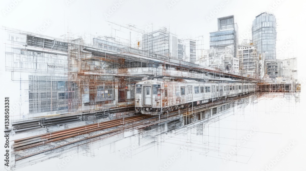 Fototapeta premium Train and station rendered in intricate architectural sketch style