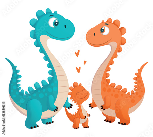 Cute dinosaur family. Happy parent and baby dino with love hearts. Adorable cartoon prehistoric characters. Vector art for kids, posters, and prints.