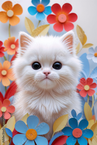 Fluffy White Kitten Surrounded by Colorful Paper Flowers, created with generative AI technology	
