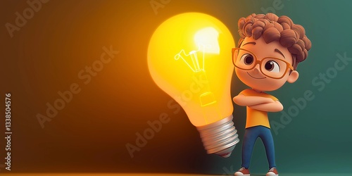 3D cartoon boy with glasses standing beside a bright light bulb. This image represents ideas, innovation and creative thinking. Perfect for educational and inspirational themes with copy space