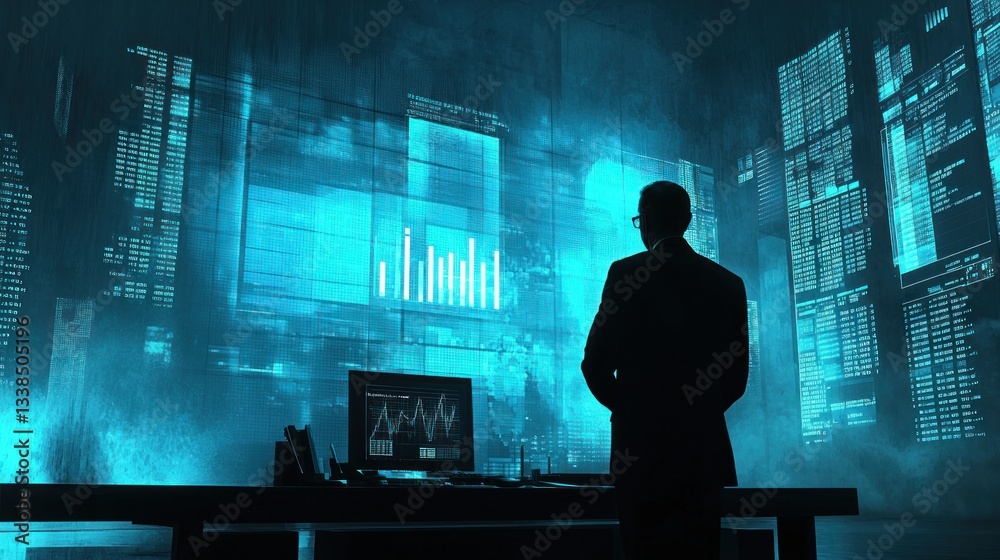 A businessman looks at data displayed on a large screen A businessman looks at data displayed on a large screen