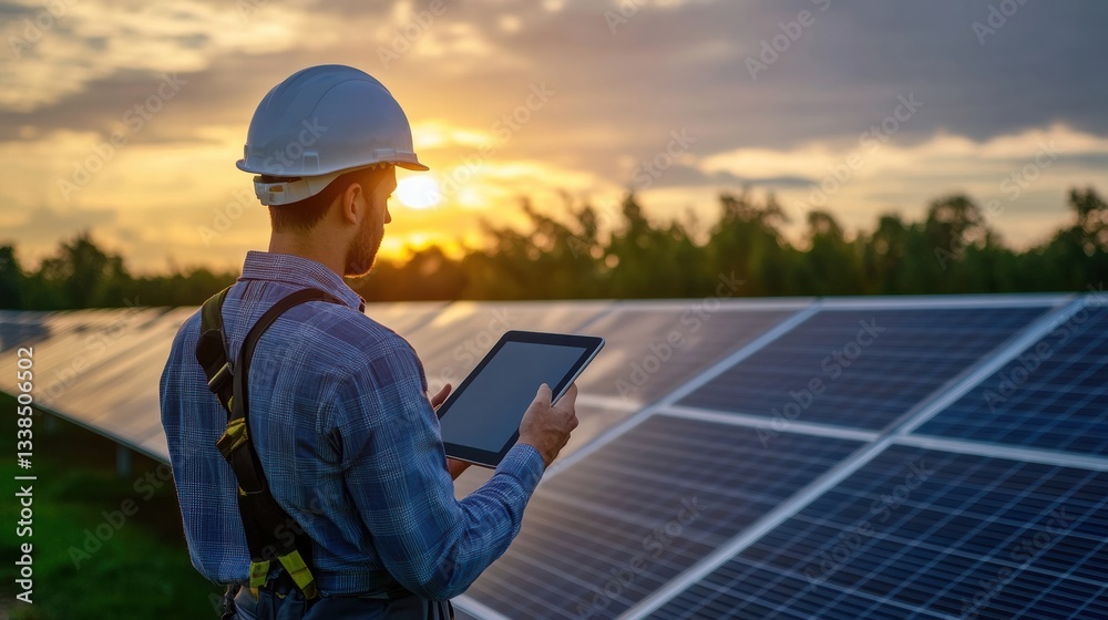 Engineer monitoring solar panel farm with tablet. Engineer monitoring solar panel farm with tablet.