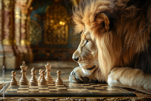 Majestic Lion Strategizing Over Chessboard