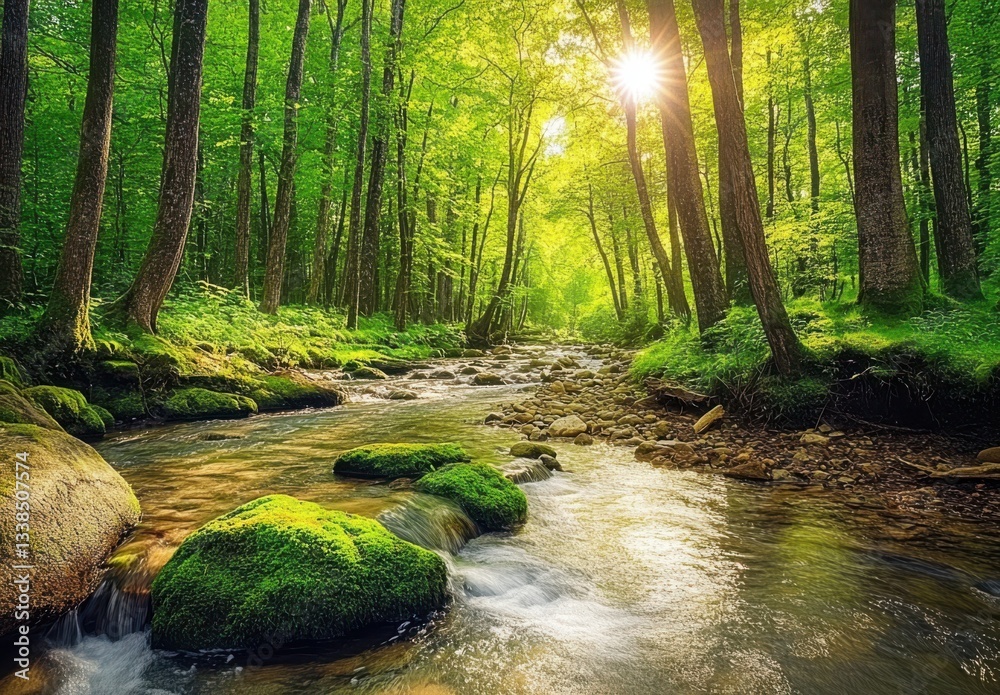 Fototapeta premium Magical Forest Stream with Light Reflections and Green Foliage