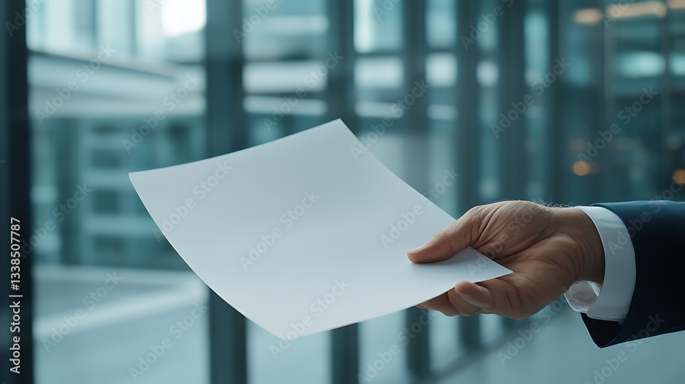 Handing over a document in a modern office space business meeting professional environment close-up perspective